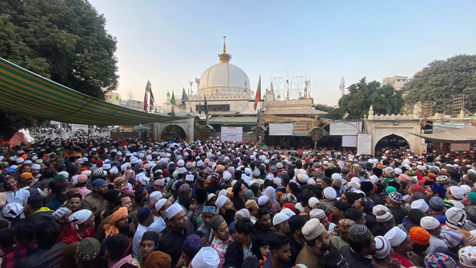 Pilgrims packed into the courtyard below the marble dome of the Ajmer Sharif dargah