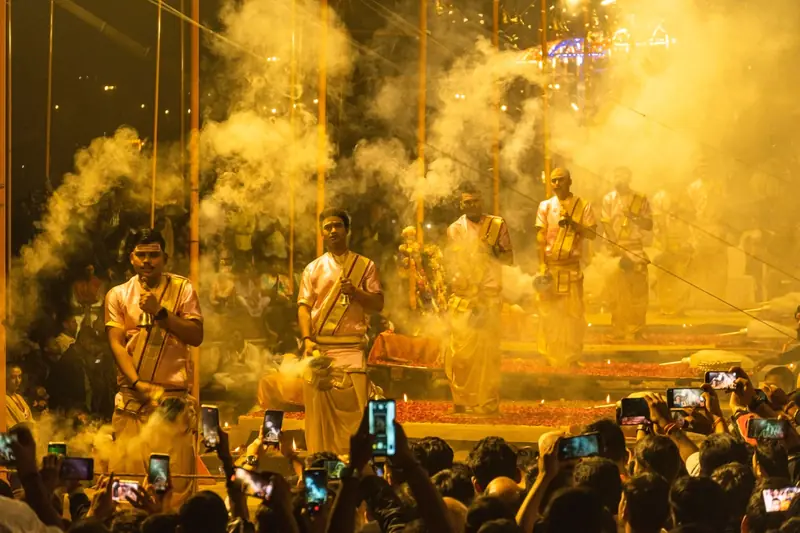 Evening Ganga aarti at Dashashwamedh Ghat in Varanasi, a short walk from the Kashi Vishwanath corridor