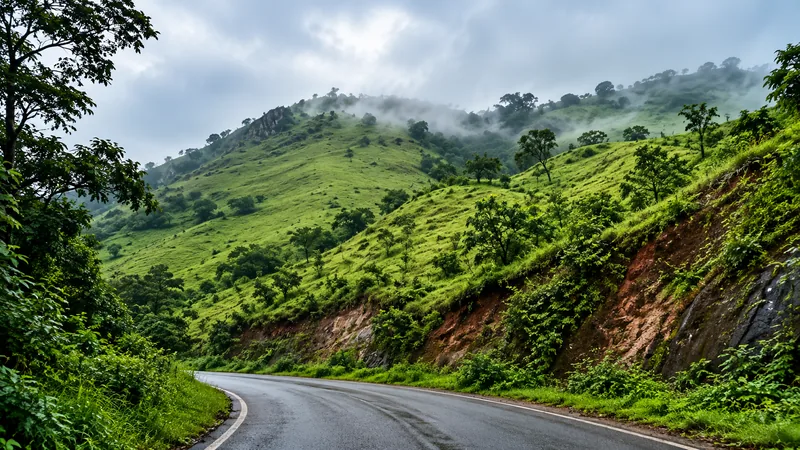 A wet hill road curving below a green grassland ridge with cloud lying across the top, in the Chandra Drona range near Chikkamagaluru