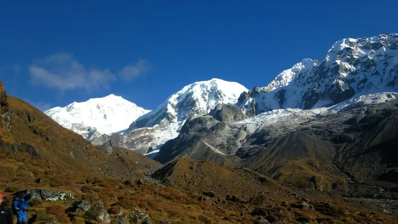 Snow peaks and moraine on the Goecha La route in West Sikkim