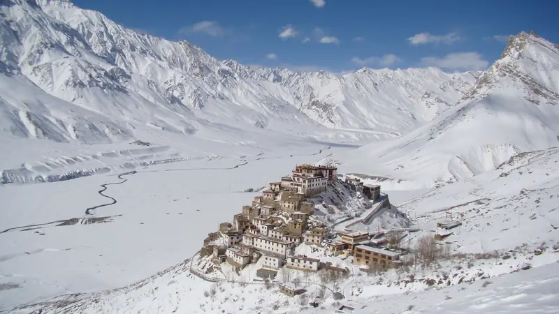Key Monastery stacked on a hillside above the snow-covered Spiti valley