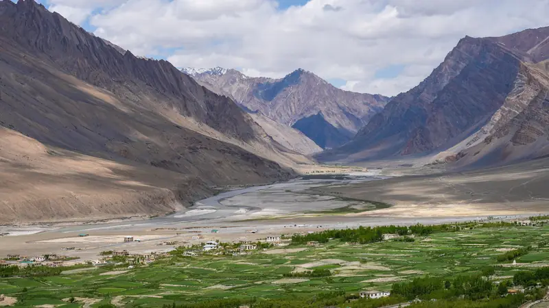 The Zanskar valley in Ladakh, green fields below bare mountain ridges